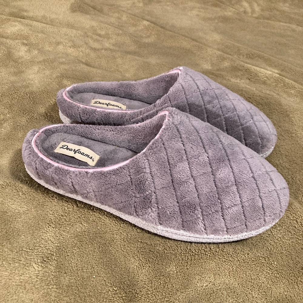 NWOT Dearfoams Open Back Slippers Gray Pink Size Large L 9-10